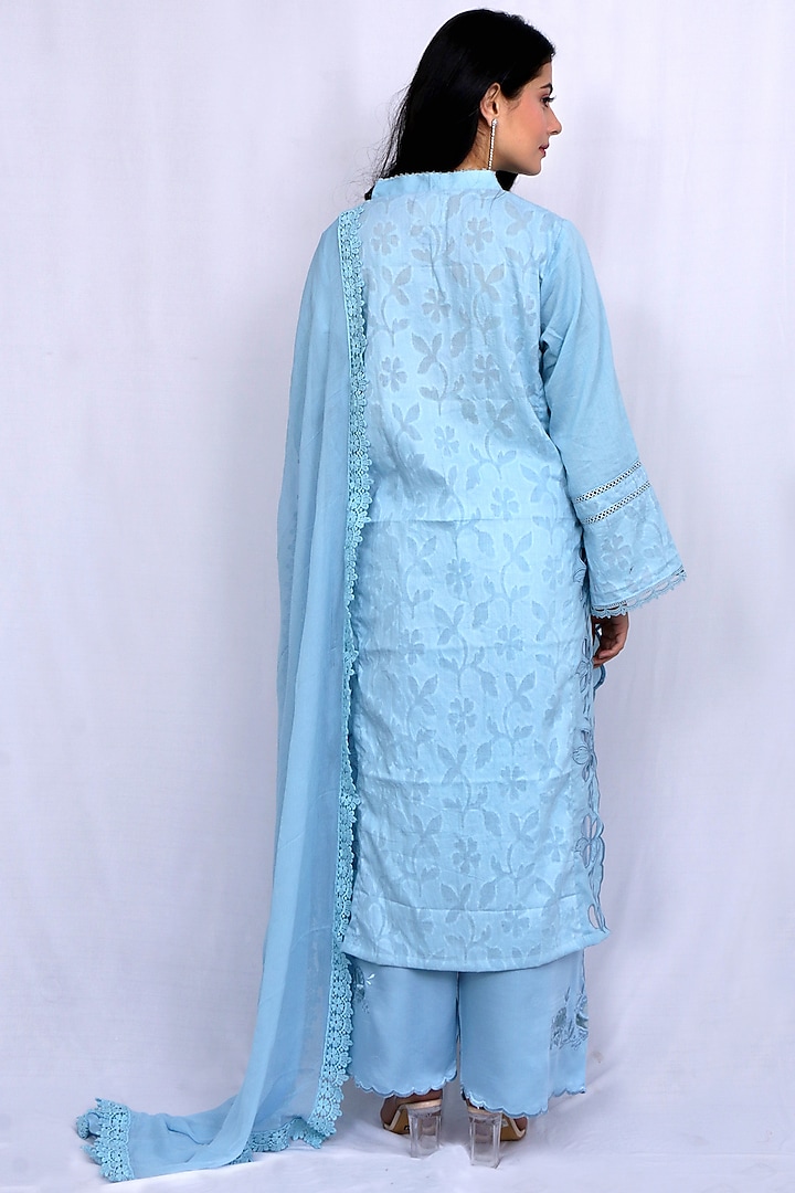 Powder Blue Satin Embroidered Kurta Set by EWAZ at Pernia's Pop Up Shop