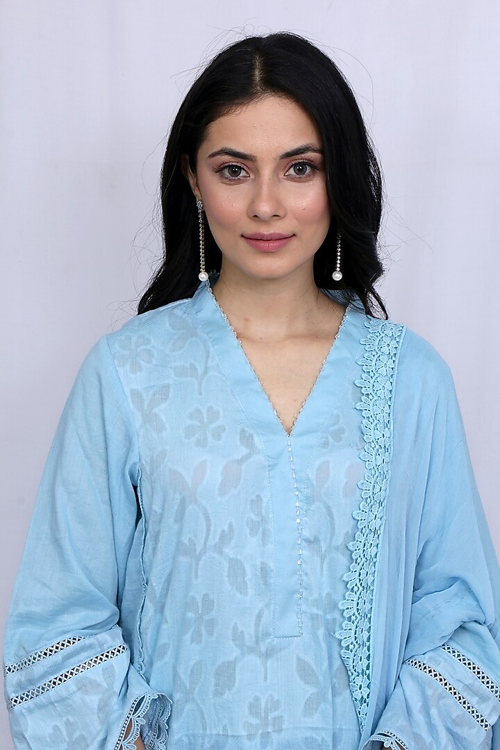Powder Blue Satin Embroidered Kurta Set by EWAZ at Pernia's Pop Up Shop