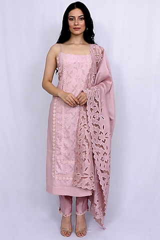 Pastel Pink Kurta Set With Embroidery by EWAZ