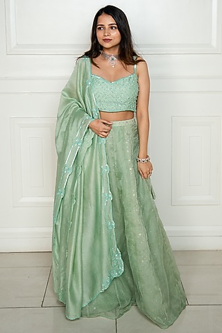 Mint Green Chanderi Lehenga Set by EWAZ