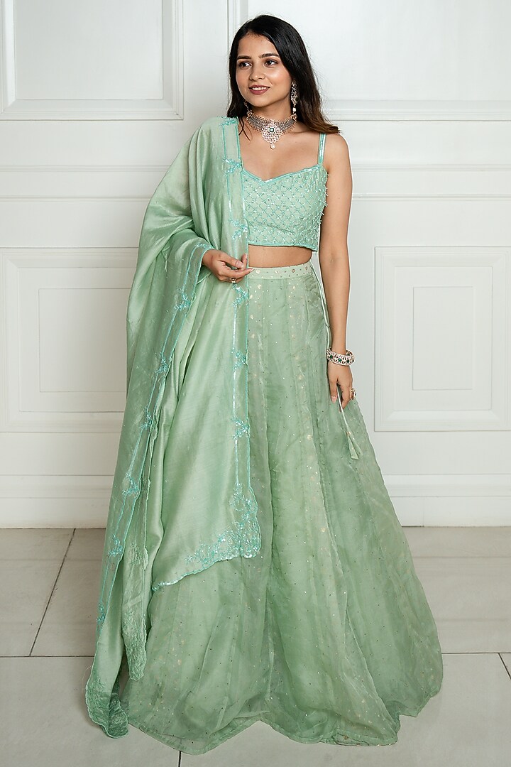 Mint Green Chanderi Wedding Lehenga Set by EWAZ at Pernia's Pop Up Shop