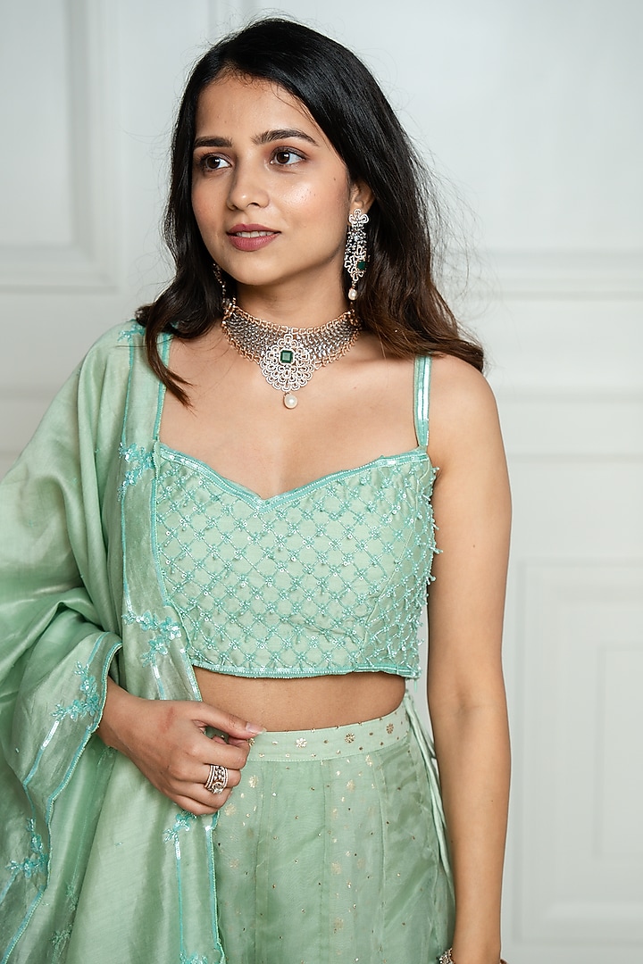 Mint Green Chanderi Wedding Lehenga Set by EWAZ at Pernia's Pop Up Shop