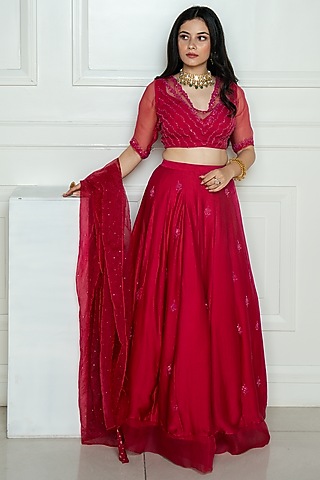 Hot Pink Embroidered Lehenga Set by EWAZ