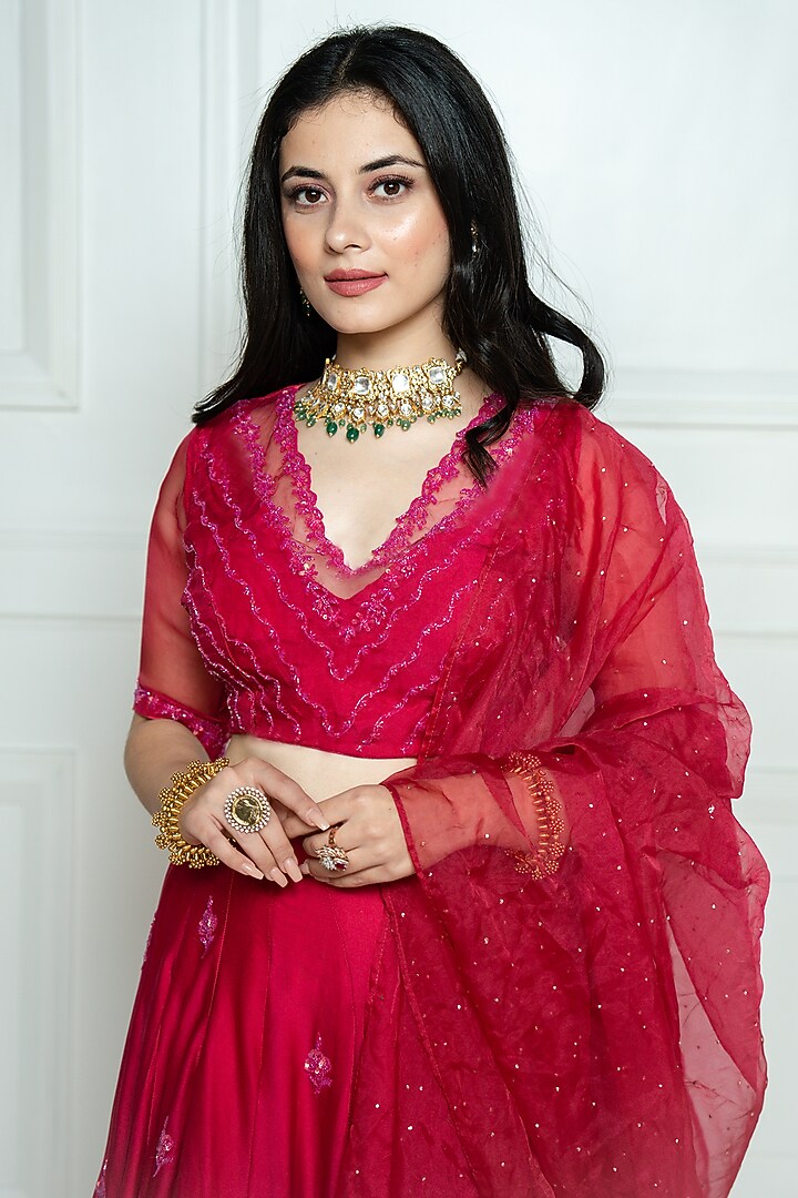 Hot Pink Embroidered Wedding Lehenga Set by EWAZ at Pernia's Pop Up Shop
