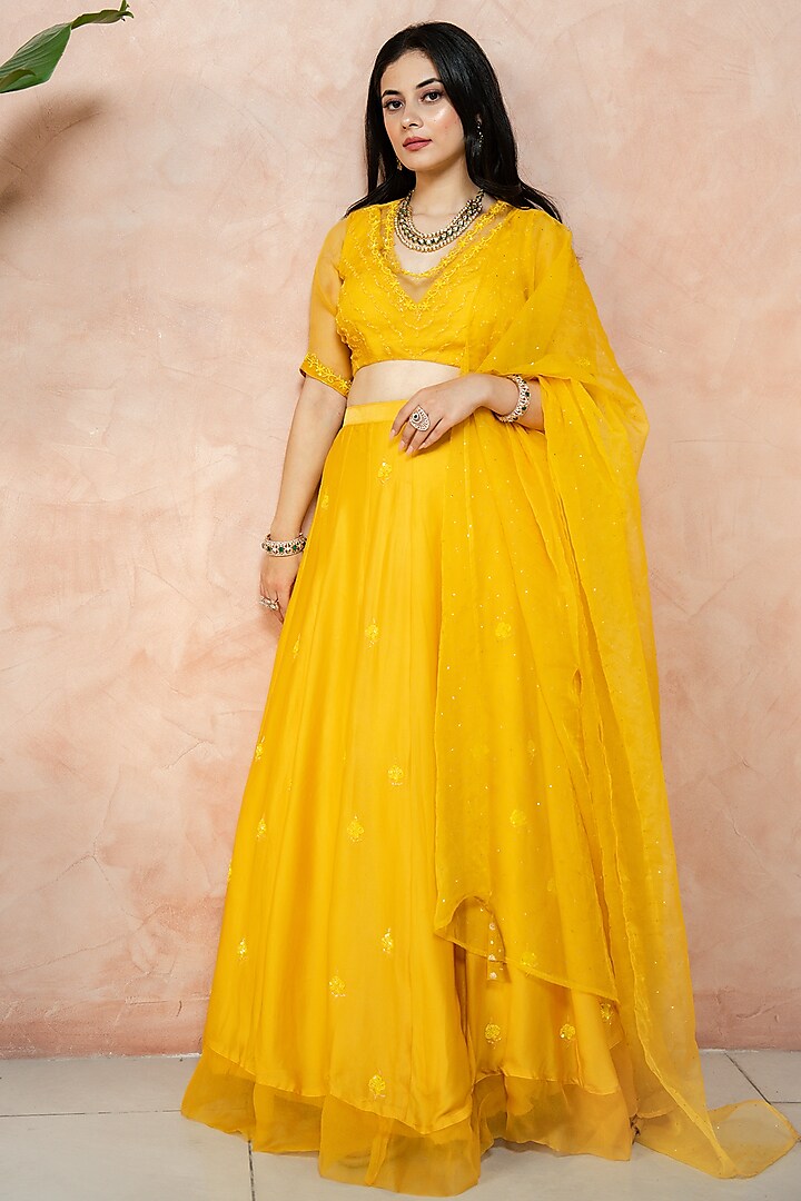 Yellow Embroidered Wedding Lehenga Set by EWAZ at Pernia's Pop Up Shop