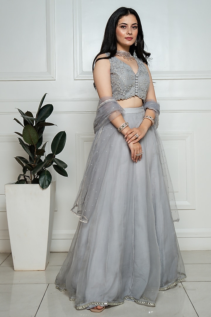 Grey Embroidered Wedding Lehenga Set by EWAZ at Pernia's Pop Up Shop