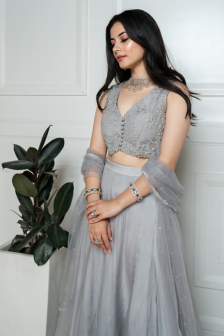 Grey Embroidered Wedding Lehenga Set by EWAZ at Pernia's Pop Up Shop