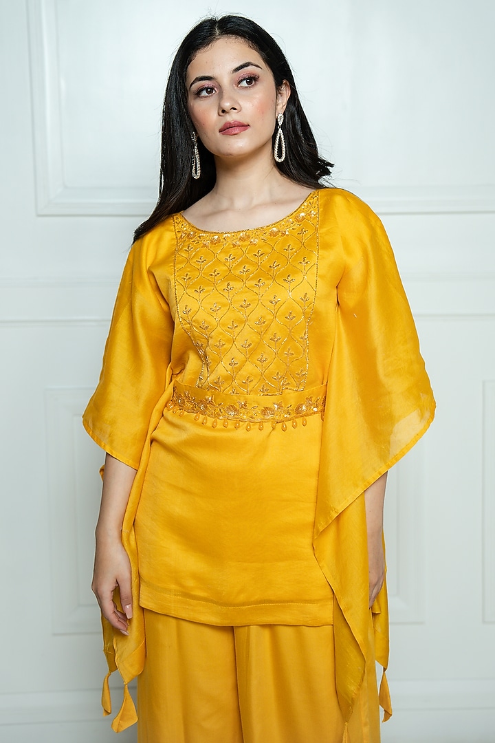 Yellow Chanderi Kaftan Set by EWAZ at Pernia's Pop Up Shop