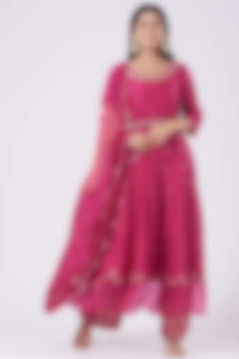 Hot Pink Embroidered Anarkali Set by EWAZ