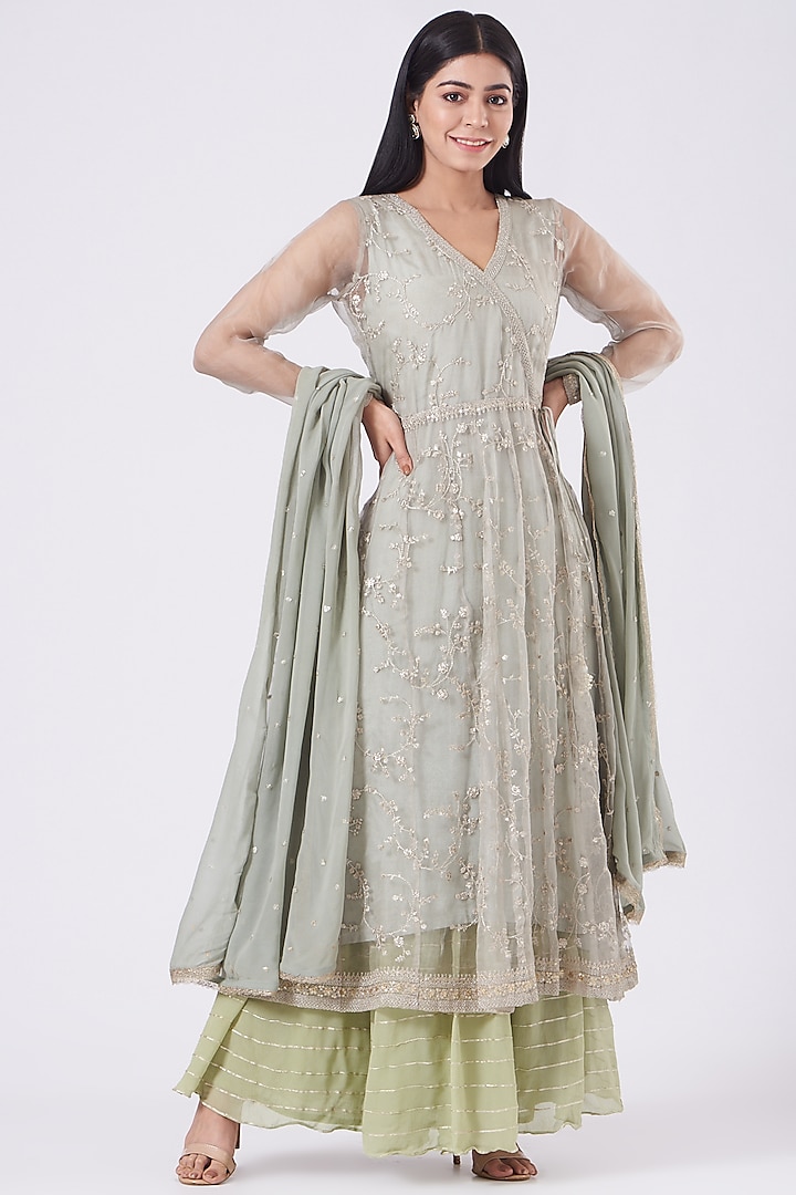 Sage Green Embroidered Sharara Set by EWAZ