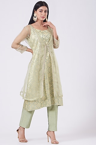 Sage Green Brocade Kurta Set by EWAZ