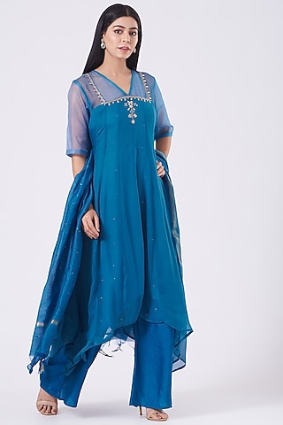 Blue Hand Embroidered Anarkali Set by EWAZ