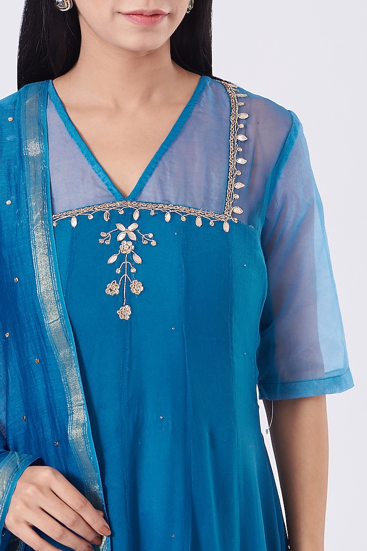 Blue Hand Embroidered Party Wear Anarkali Set by EWAZ at Pernia's Pop Up Shop
