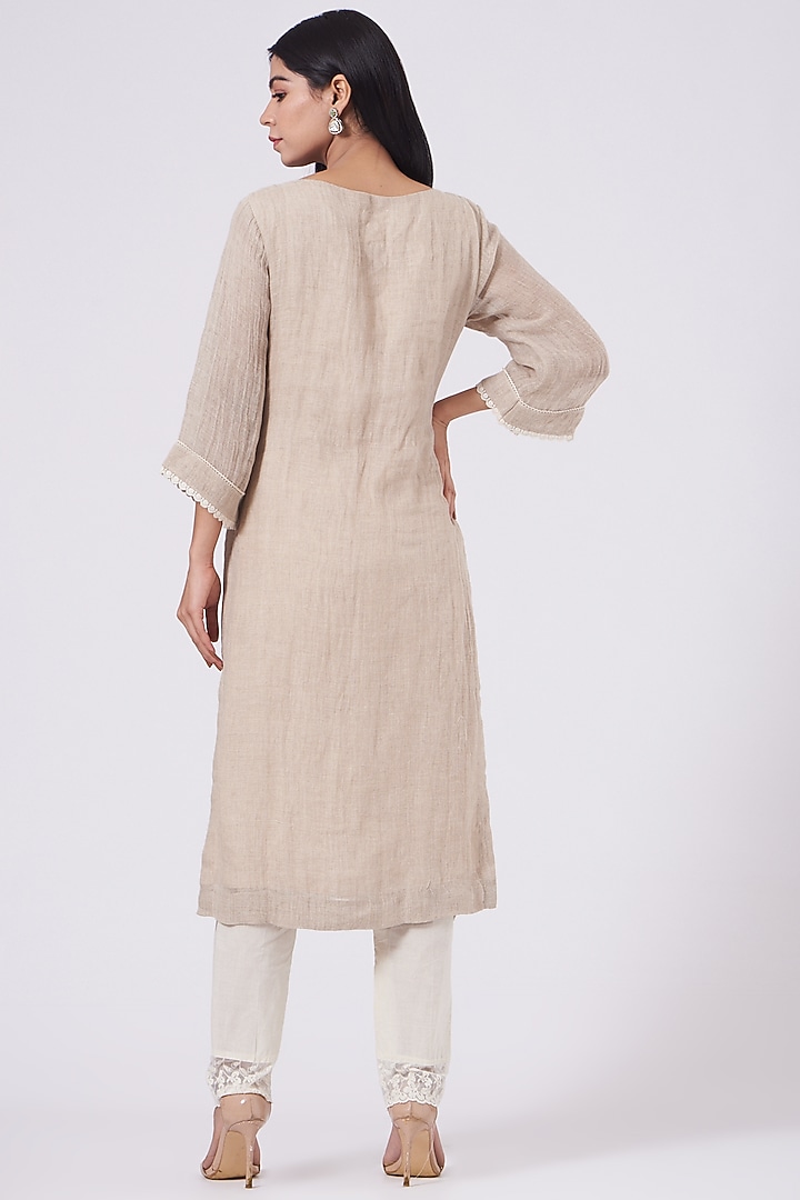 Beige Linen Embroidered Kurta Set by EWAZ at Pernia's Pop Up Shop