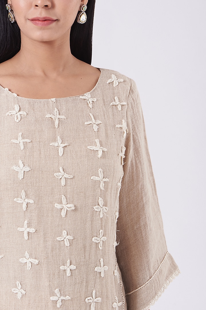 Beige Linen Embroidered Kurta Set by EWAZ at Pernia's Pop Up Shop