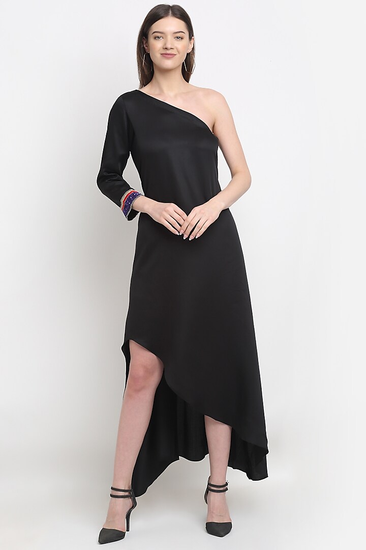 Black Hand Embellished Off-Shoulder Dress by Ewoke