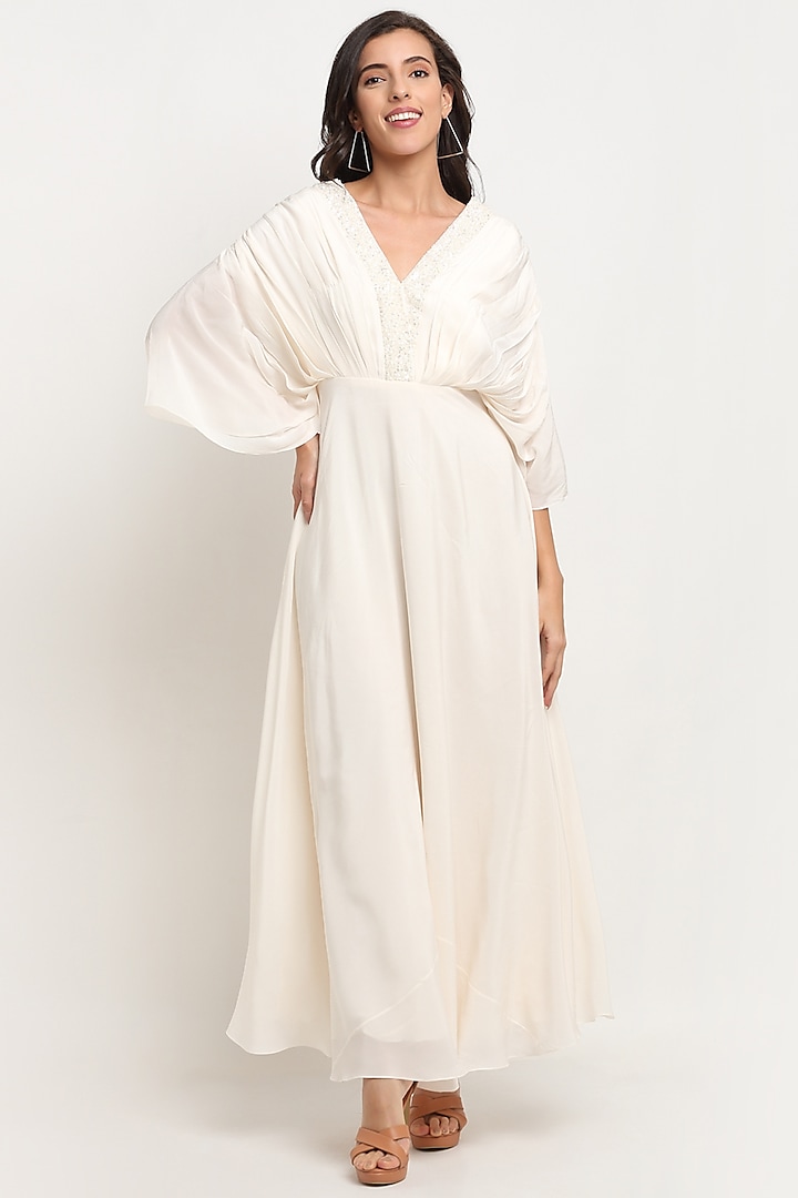 Ivory Embellished Draped Gown by Ewoke at Pernia's Pop Up Shop