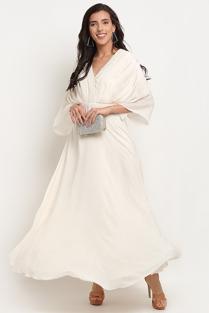 Ivory Embellished Draped Gown by Ewoke at Pernia's Pop Up Shop