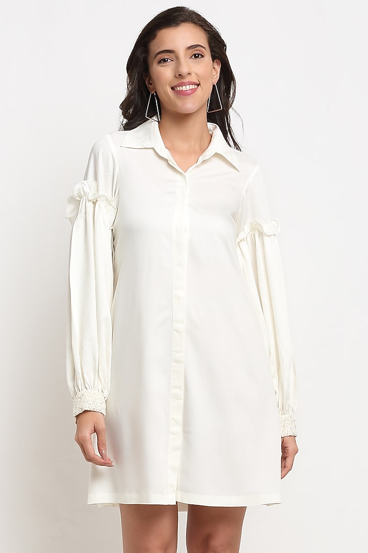 Off-White Hand Embroidered Summer Shirt Dress by Ewoke at Pernia's Pop Up Shop