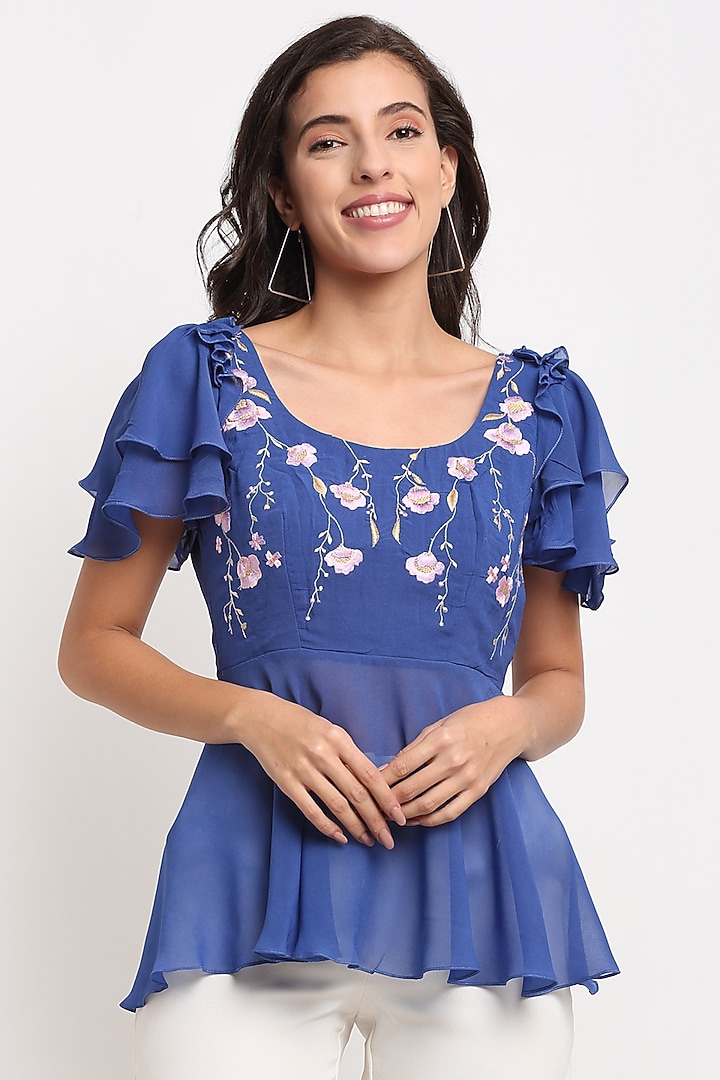 Electric Blue Embroidered Top by Ewoke at Pernia's Pop Up Shop