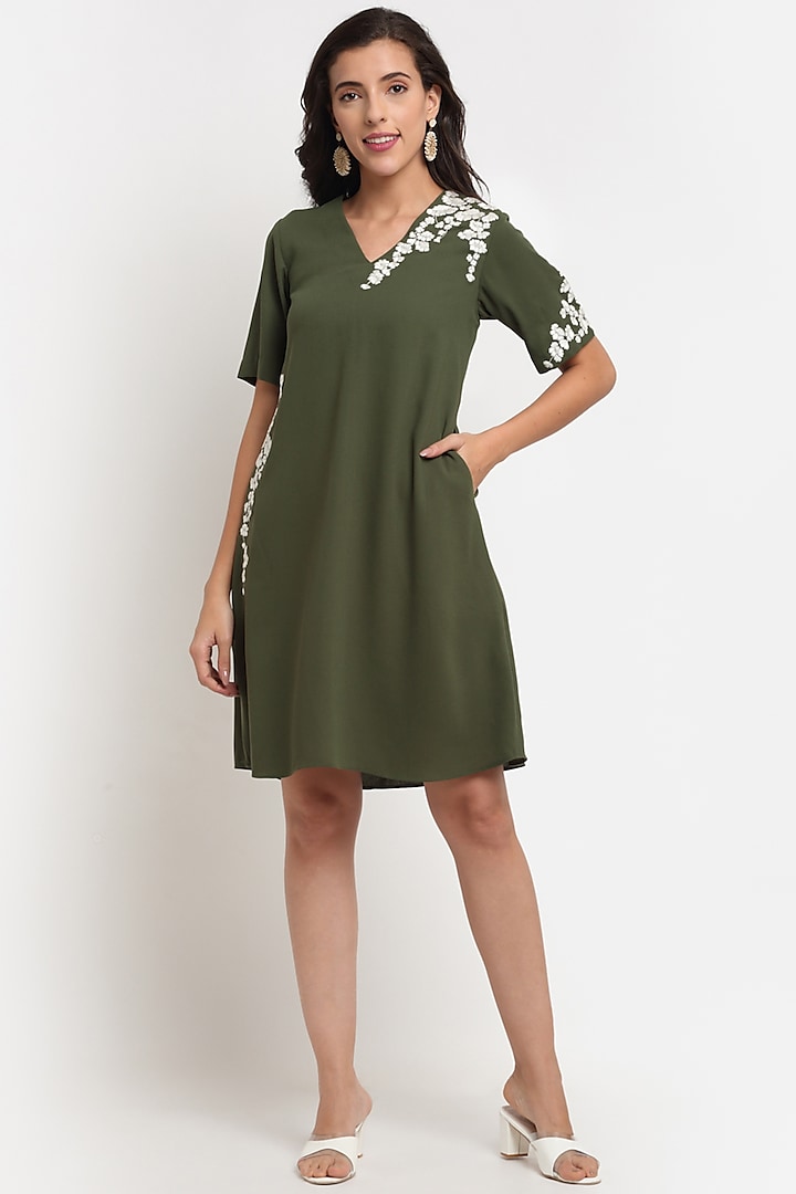 Olive Green Embroidered MIni Dress by Ewoke