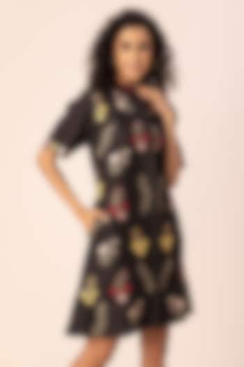 Black Hemp Floral Embroidered Knee-Length Shirt Dress by Ewoke