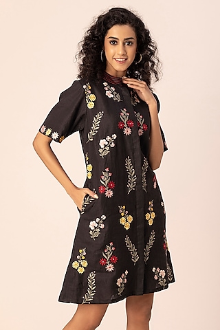 Black Hemp Floral Embroidered Knee-Length Shirt Dress by Ewoke