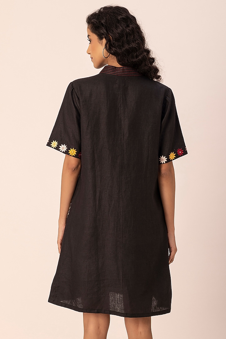 Black Hemp Floral Embroidered Knee-Length Summer Shirt Dress by Ewoke at Pernia's Pop Up Shop