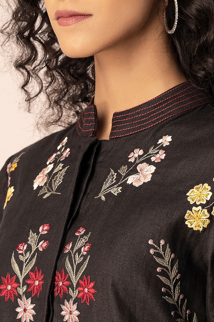 Black Hemp Floral Embroidered Knee-Length Summer Shirt Dress by Ewoke at Pernia's Pop Up Shop