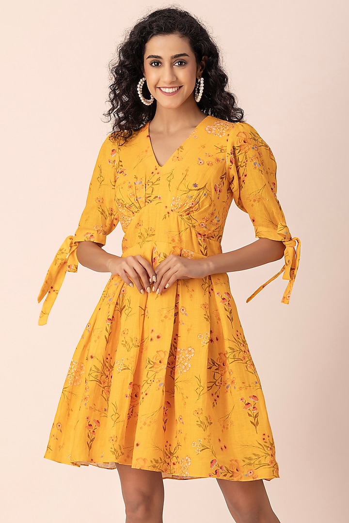 Yellow Hemp Floral Printed Mini Dress by Ewoke