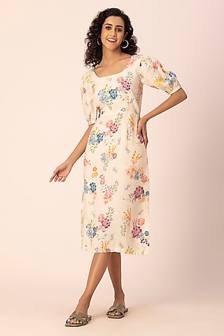 White Hemp Floral Printed Midi Dress by Ewoke