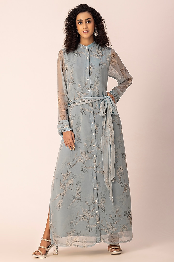 Pastel Blue Chiffon Floral Printed Maxi Shirt Dress by Ewoke