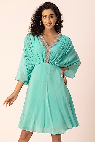 Blue Crepe Cutdana Embroidered Knee-Length Kaftan Dress by Ewoke
