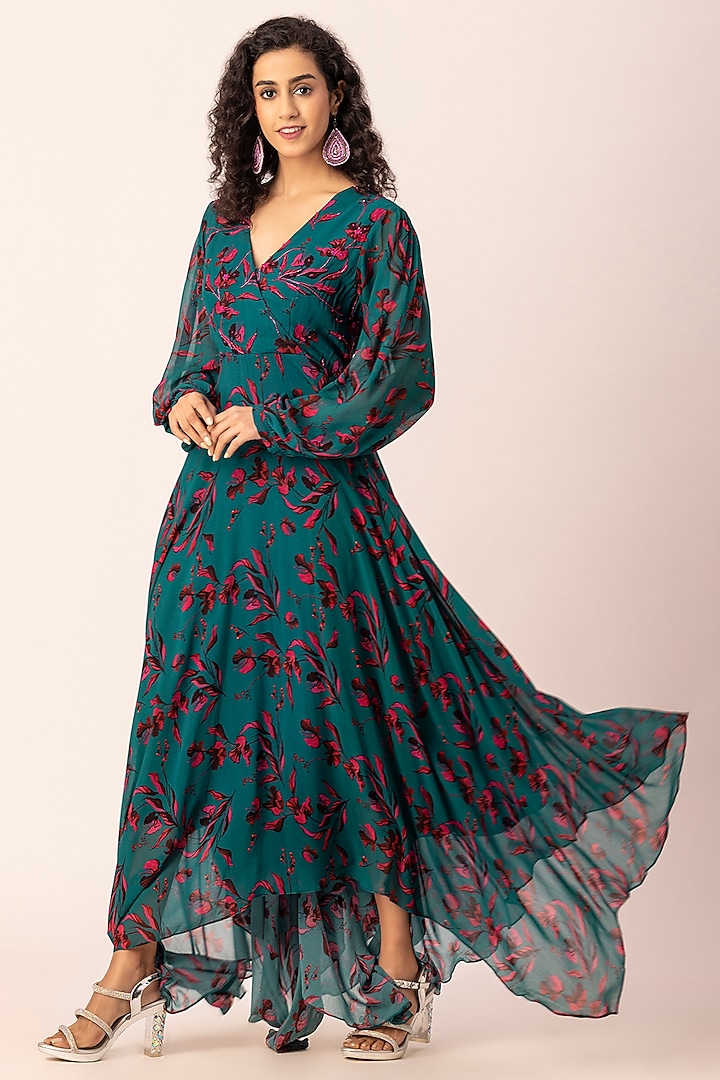 Green Georgette Hand Embroidered & Floral Printed Asymmetrical Maxi Dress. by Ewoke