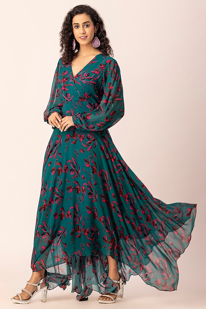 Green Georgette Hand Embroidered & Floral Printed Asymmetrical Maxi Dress. by Ewoke at Pernia's Pop Up Shop