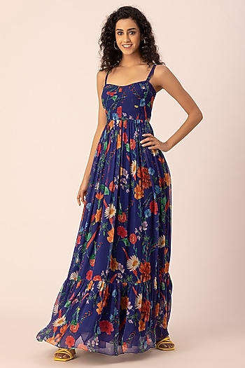 Blue Chiffon Floral Printed Corset Maxi Summer Dress by Ewoke at Pernia's Pop Up Shop