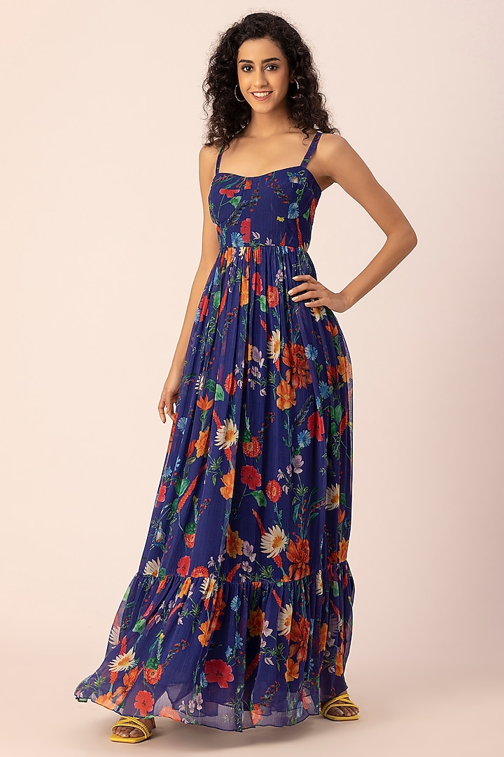Blue Chiffon Floral Printed Corset Maxi Dress by Ewoke