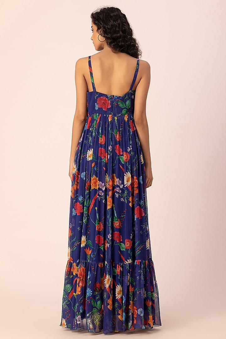 Blue Chiffon Floral Printed Corset Maxi Summer Dress by Ewoke at Pernia's Pop Up Shop