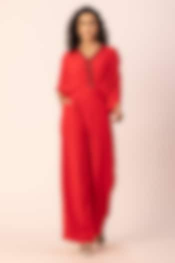 Red Crepe Hand Embroidered Draped Jumpsuit by Ewoke at Pernia's Pop Up Shop