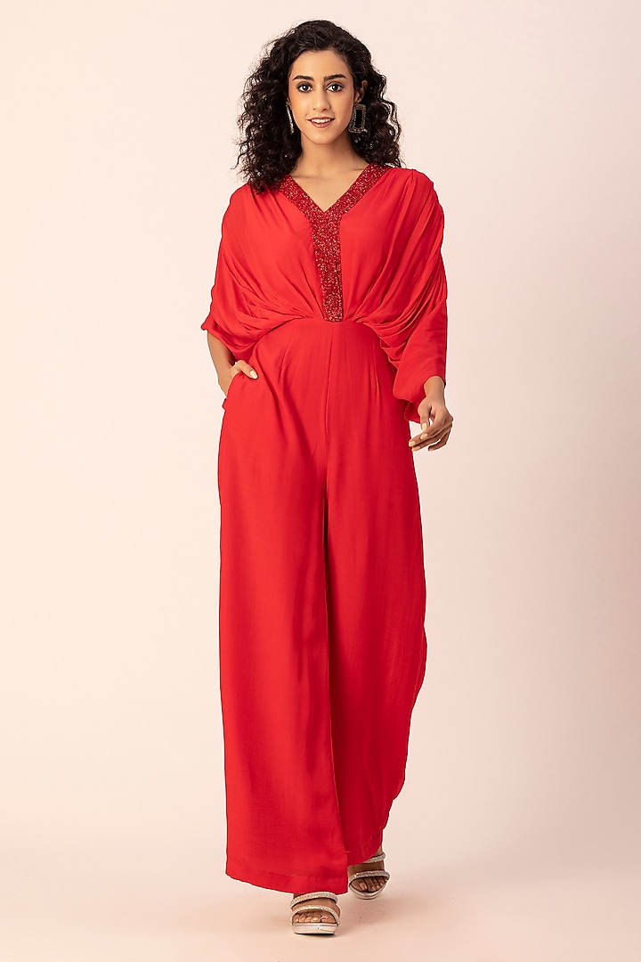 Red Crepe Hand Embroidered Draped Jumpsuit by Ewoke at Pernia's Pop Up Shop