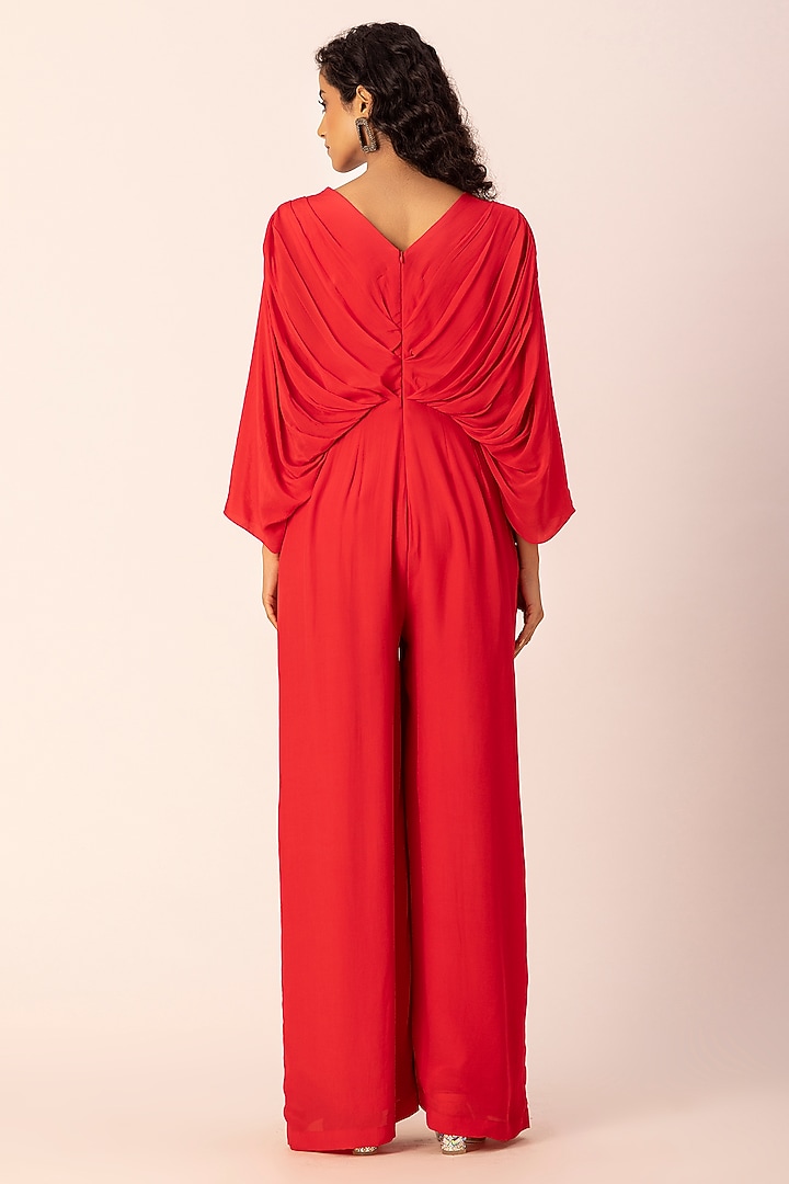 Red Crepe Hand Embroidered Draped Jumpsuit by Ewoke at Pernia's Pop Up Shop