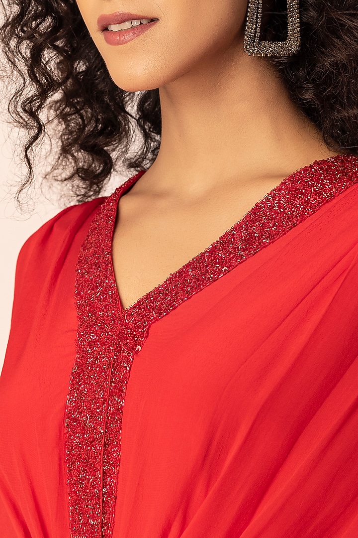 Red Crepe Hand Embroidered Draped Jumpsuit by Ewoke at Pernia's Pop Up Shop