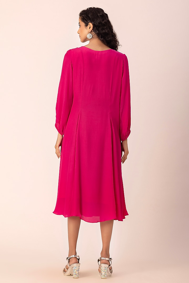 Fuchsia Crepe Glass Bugle Bead Embroidered Paneled Midi Summer Dress by Ewoke at Pernia's Pop Up Shop