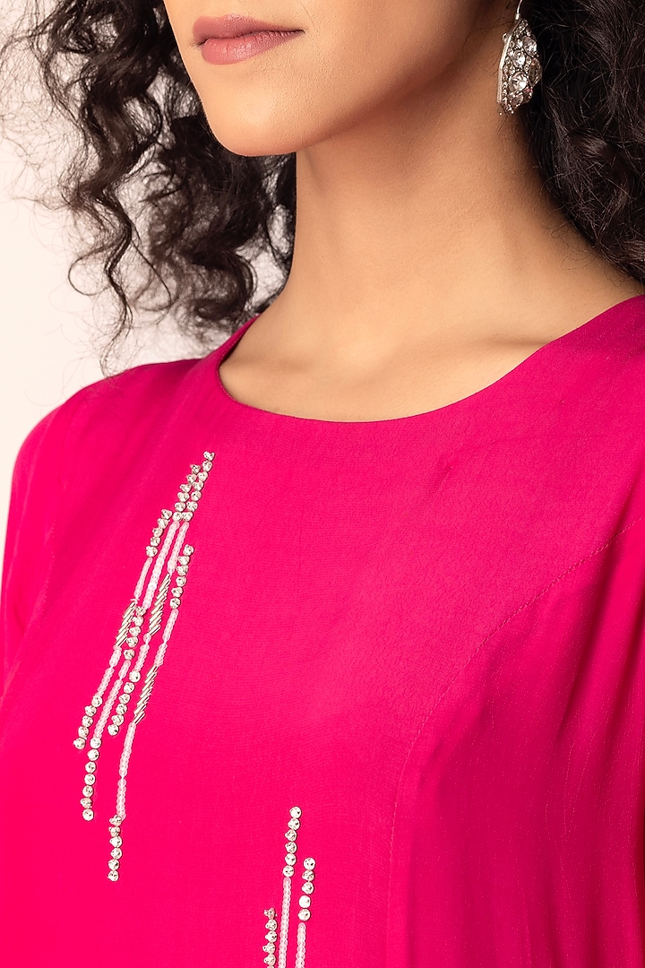 Fuchsia Crepe Glass Bugle Bead Embroidered Paneled Midi Summer Dress by Ewoke at Pernia's Pop Up Shop