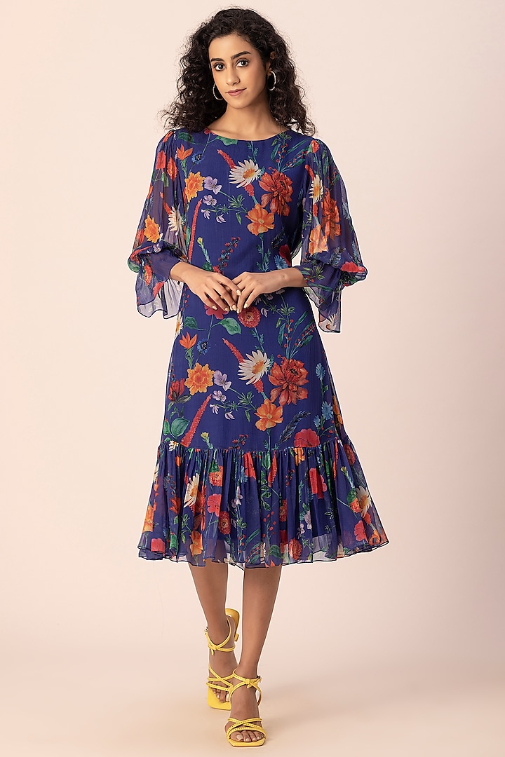 Blue Chiffon Floral Printed Midi Dress by Ewoke