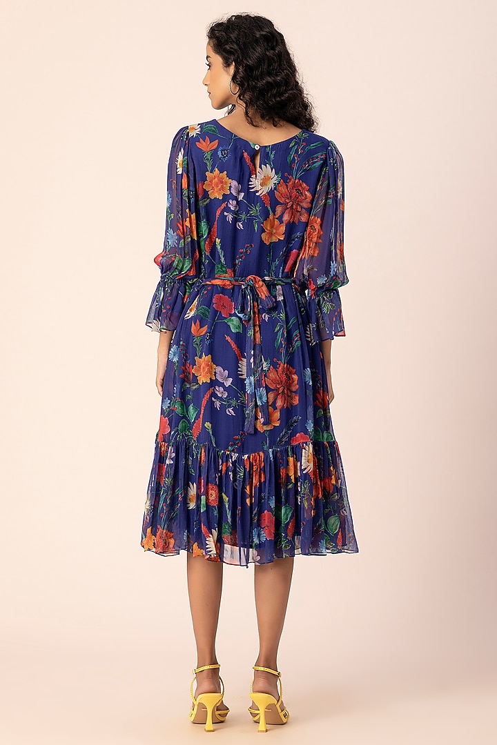 Blue Chiffon Floral Printed Midi Summer Dress by Ewoke at Pernia's Pop Up Shop