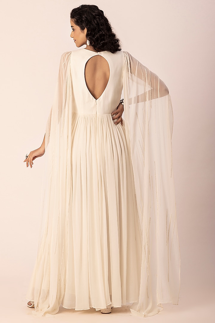 Ivory Georgette Hand Embellished Pleated Party Wear Gown by Ewoke at Pernia's Pop Up Shop