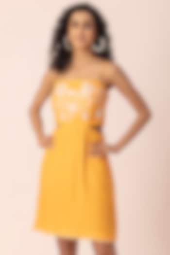 Yellow Hemp Resham Embroidered Mini Dress by Ewoke