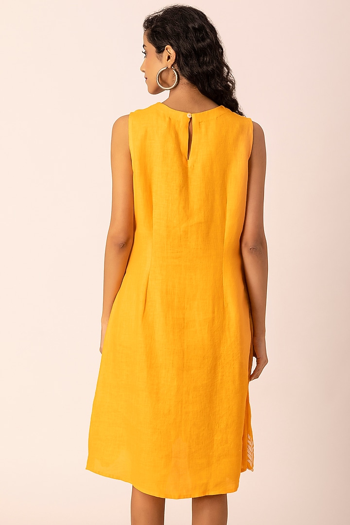 Yellow Hemp Floral Embroidered Knee-Length Summer Dress by Ewoke at Pernia's Pop Up Shop