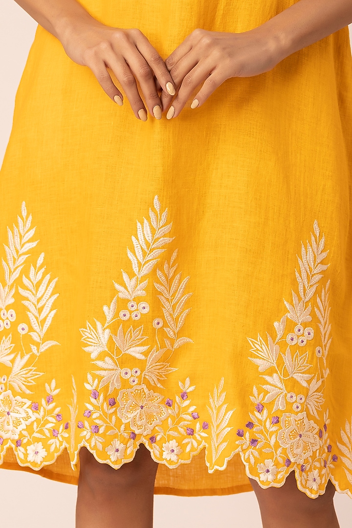 Yellow Hemp Floral Embroidered Knee-Length Summer Dress by Ewoke at Pernia's Pop Up Shop